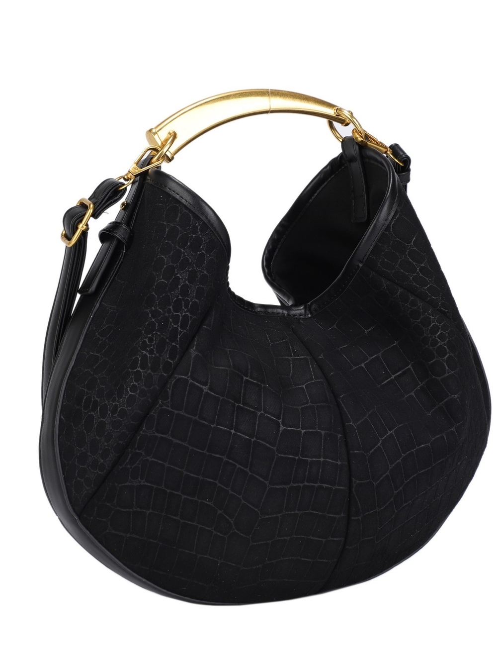 Black Croc-Embossed Suede Hobo Bag with Gold Handle